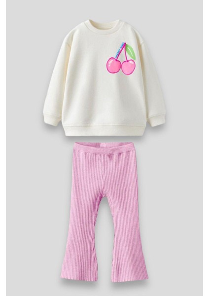 Kız Çocuk Kiraz Desenli Pamuklu Sweatshirt Fitilli Tayt Alt-Üst Takım