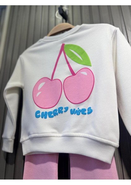 Kız Çocuk Kiraz Desenli Pamuklu Sweatshirt Fitilli Tayt Alt-Üst Takım modelleri