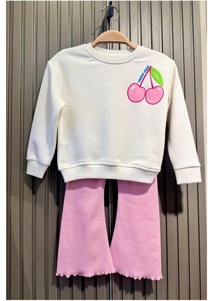 Kız Çocuk Kiraz Desenli Pamuklu Sweatshirt Fitilli Tayt Alt-Üst Takım fırsatları