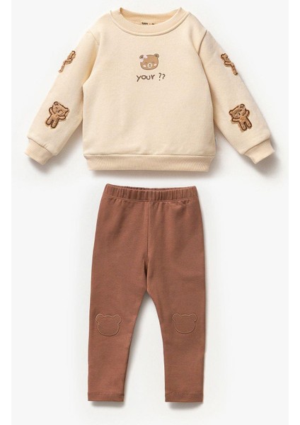 Kız Çocuk Ayıcık Teddy Aplikeli Pamuklu Sweatshirt Ispanyol Tayt Alt-Üst Takım