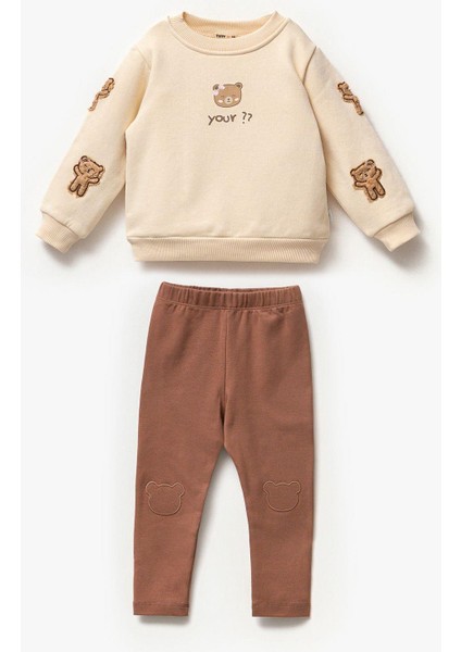 Kız Çocuk Ayıcık Teddy Aplikeli Pamuklu Sweatshirt Ispanyol Tayt Alt-Üst Takım fiyatları