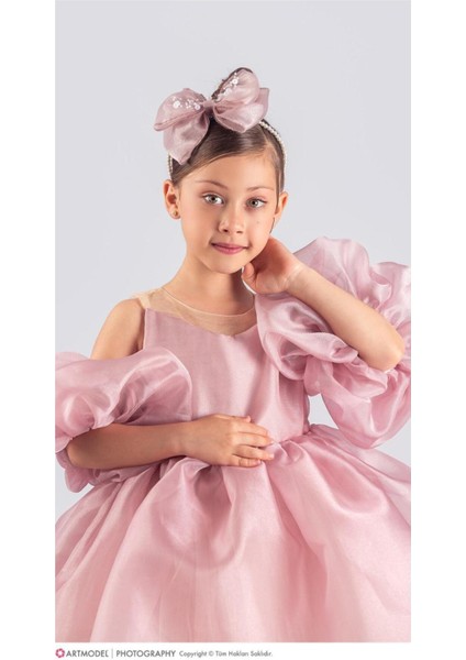 Kız Çocuk Gazel Kumaş Tütü Etekli Kabarık Kollu Taçlı Kız Çocuk Abiye Elbise