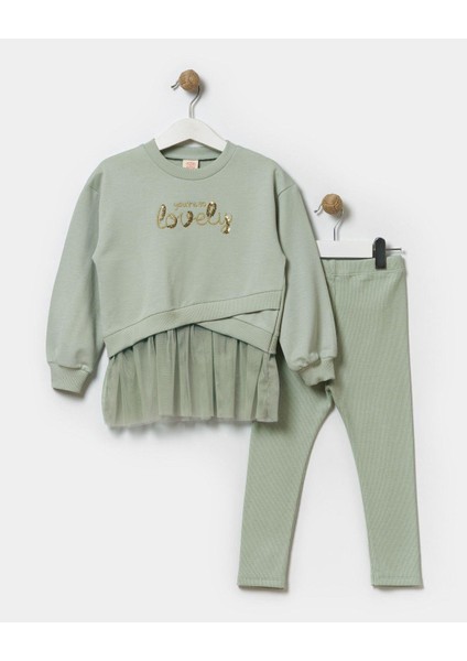 Kız Çocuk Pamuklu Lovely Desenli Tüllü Pamuklu Sweatshirt Tayt Alt-Üst Takım