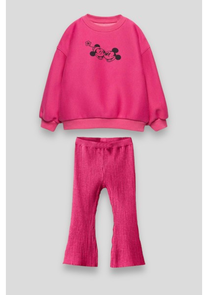 Kız Çocuk Minni Mouse Desenli Kışlık 3 Iplik Pamuklu Sweatshirt Ispanyol Tayt Alt-Üst Takım