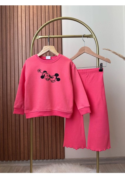 Kız Çocuk Minni Mouse Desenli Kışlık 3 Iplik Pamuklu Sweatshirt Ispanyol Tayt Alt-Üst Takım