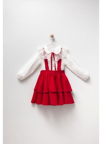Kız Çocuk Gömlekli Yakası Dantelli Kırmızı Kat Kat Etekli Salopet Elbise