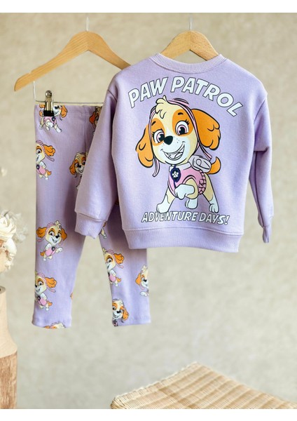 Kız Çocuk Paw Petrol Desenli Kışlık 3 Iplik Pamuklu Sweatshirt Tayt Alt-Üst Takım