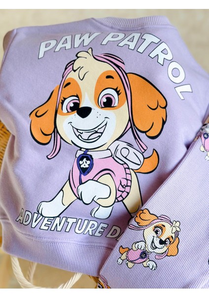 Kız Çocuk Paw Petrol Desenli Kışlık 3 Iplik Pamuklu Sweatshirt Tayt Alt-Üst Takım