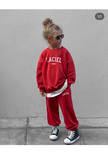 Unisex Çocuk Slogan Desenli Pamuklu Sweatshirt Eşofman Tayt Alt-Üst Takım