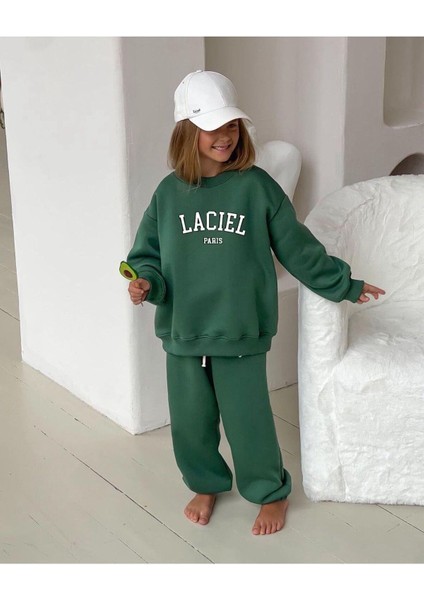 Unisex Çocuk Slogan Desenli Pamuklu Sweatshirt Eşofman Tayt Alt-Üst Takım