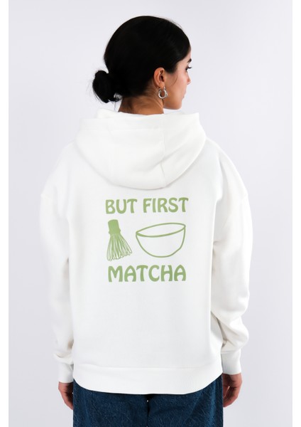 But First Matcha Relaxed Fit Hoodie Kadın - Ekru