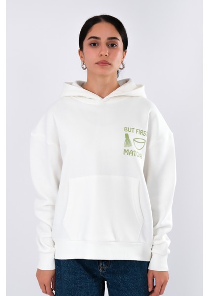 But First Matcha Relaxed Fit Hoodie Kadın - Ekru