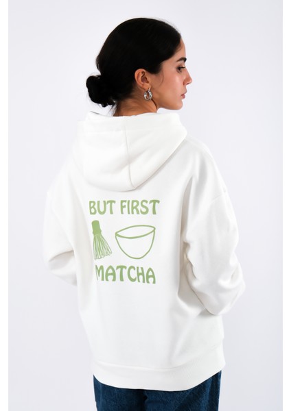 But First Matcha Relaxed Fit Hoodie Kadın - Ekru fırsatları