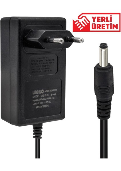 18 Volt - 1 Amper 3.5*1.35 Uçlu Yerli Üretim Priz Tipi Adaptör