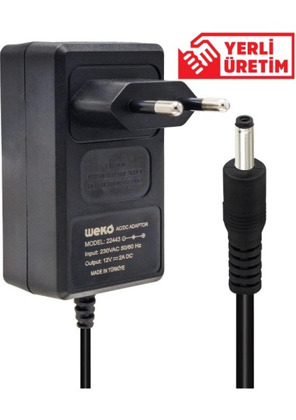 12 Volt - 2 Amper 2.5*0.7 Uçlu Yerli Üretim Plastik Kasa Priz Tipi Adaptör