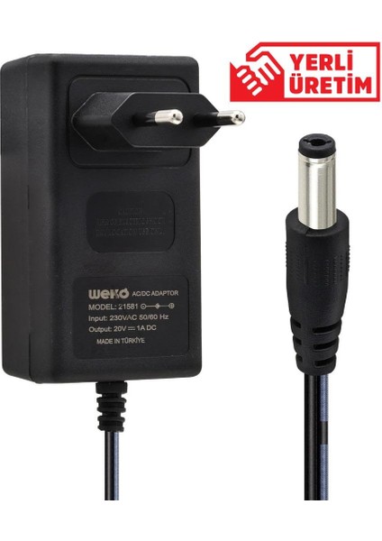 20 Volt - 1 Amper 5.5*2.5 Uçlu Yerli Üretim Priz Tipi Adaptör