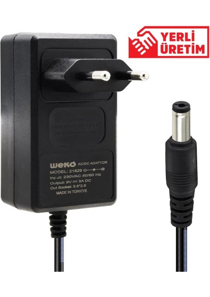 9 Volt - 3 Amper 5.5*2.5 Uçlu Yerli Üretim Plastik Kasa Priz Tipi Adaptör