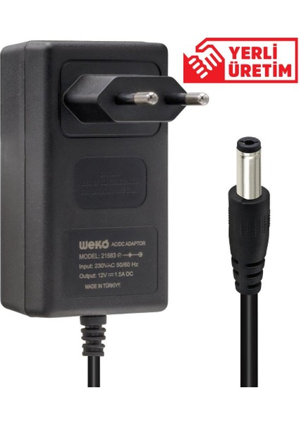 12 Volt - 1.5 Amper 5.5*2.5 Uçlu Yerli Üretim Plastik Kasa Priz Tipi Adaptör