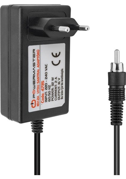 PM-4735 16 Volt - 2 Amper Tos Fişli Rca Uçlu Priz Tipi Santral Adaptörü