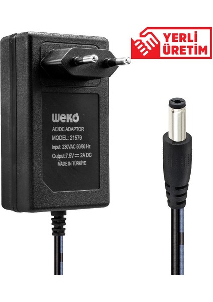 7.5 Volt - 2  Amper 5.5*2.5 Uçlu Yerli Üretim Priz Tipi Adaptör