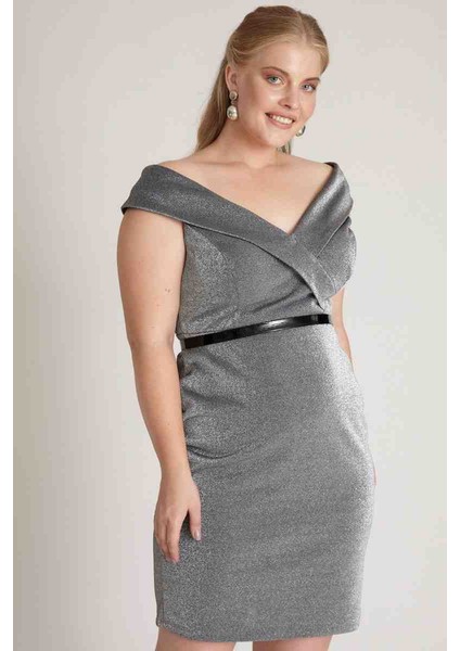 Saharamoda Kadın Gümüş Renk Kemerli Büyük Beden Özel Gün Gece Elbisesi Abiye fırsatları