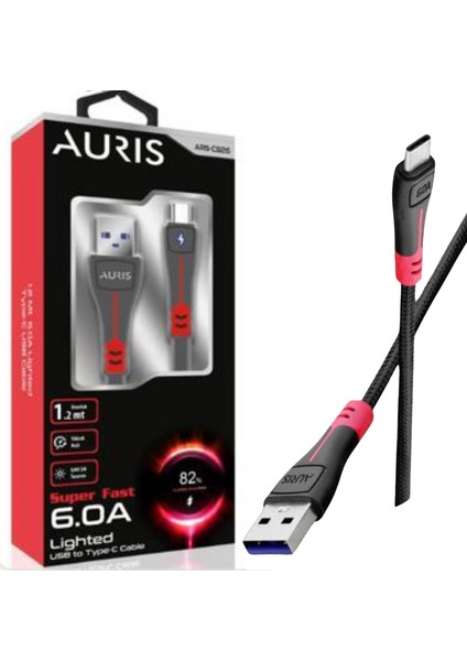 6.0A USB Type-C Yüksek Hızlı LED Işıklı Şarj ve Data Kablosu