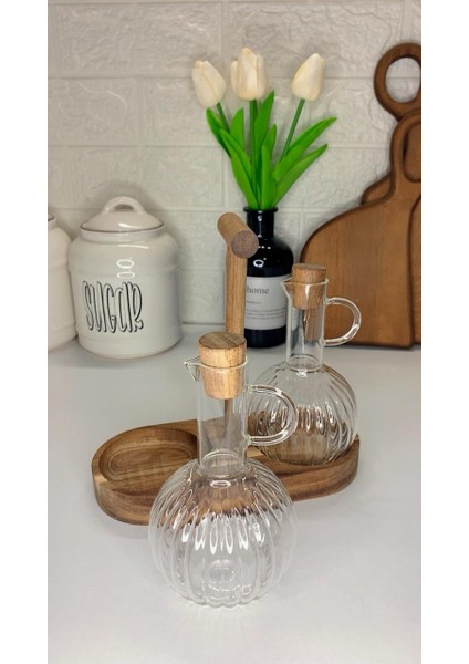 2li 300ML Boroslikat Cam Yağlık Akasya Stantlı Tıpalı Yağdanlık/sirkelik