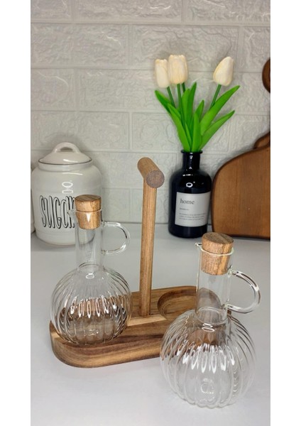 2li 300ML Boroslikat Cam Yağlık Akasya Stantlı Tıpalı Yağdanlık/sirkelik
