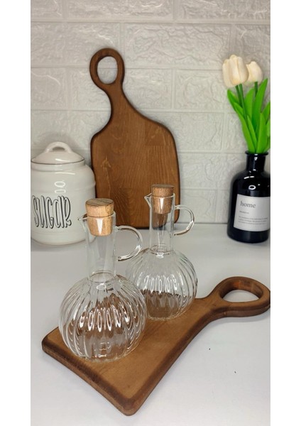 2li 300ML Boroslikat Cam Yağlık Akasya Stantlı Tıpalı Yağdanlık/sirkelik