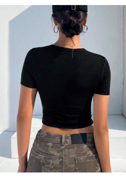 Bisiklet Yaka Asimetrik Stil Siyah Renk Fitilli Kısa Kollu Slim Fit Crop Top Bluz fiyatları