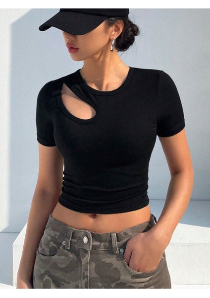 Bisiklet Yaka Asimetrik Stil Siyah Renk Fitilli Kısa Kollu Slim Fit Crop Top Bluz fırsatları