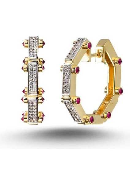 Ricco Jewellery 14 K Altın Kaplama 925 Ayar Gümüş Seren Ruby Bold Yuvarlak Küpe