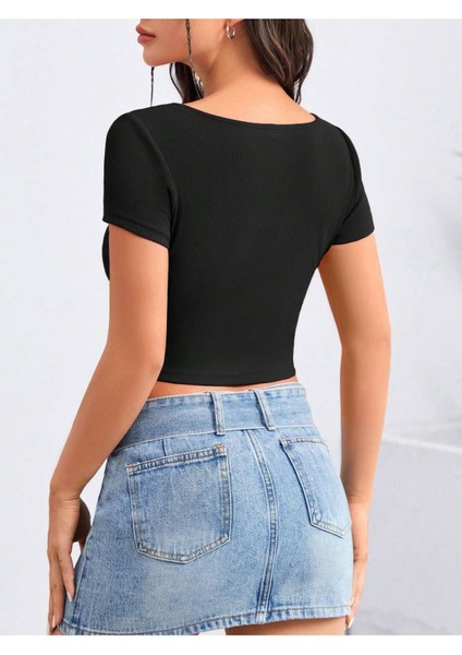 Geniş U Yaka Siyah Renk Fitilli Kısa Kollu Slim Fit Crop Top Bluz fiyatları