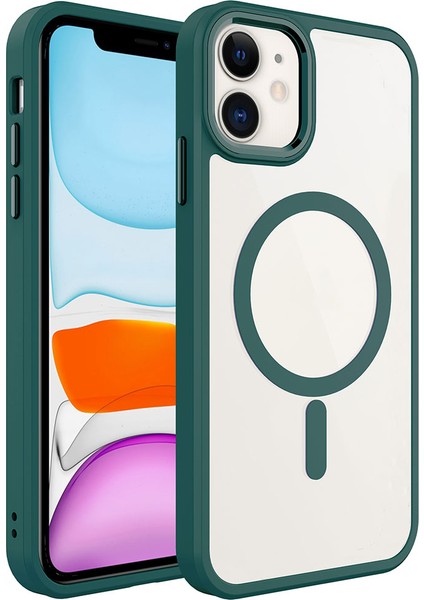Apple iPhone 11 Kapak Mag Safe Özellikli Metal Kamera Korumalı Arkası Şeffaf Silikon Kılıf - Yeşil