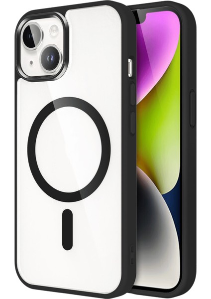 Apple iPhone 14 Kapak Mag Safe Özellikli Metal Kamera Korumalı Arkası Şeffaf Silikon Kılıf - Siyah