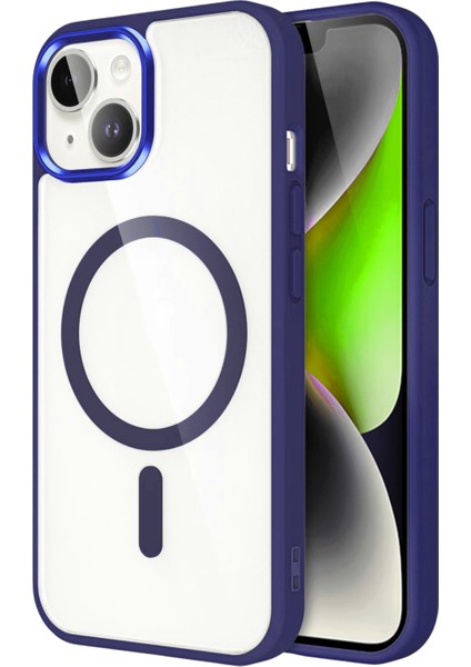 Apple iPhone 14 Kapak Mag Safe Özellikli Metal Kamera Korumalı Arkası Şeffaf Silikon Kılıf - Lacivert