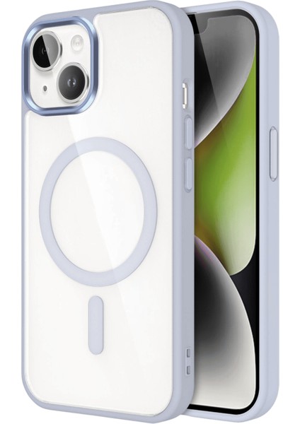 Apple iPhone 14 Kapak Mag Safe Özellikli Metal Kamera Korumalı Arkası Şeffaf Silikon Kılıf - Gri