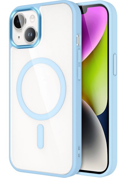 Apple iPhone 13 Kapak Mag Safe Özellikli Metal Kamera Korumalı Arkası Şeffaf Silikon Kılıf - Mavi