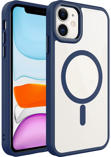 Apple iPhone 11 Kapak Mag Safe Özellikli Metal Kamera Korumalı Arkası Şeffaf Silikon Kılıf - Lacivert
