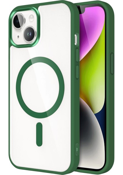 Apple iPhone 14 Kapak Mag Safe Özellikli Metal Kamera Korumalı Arkası Şeffaf Silikon Kılıf - Yeşil