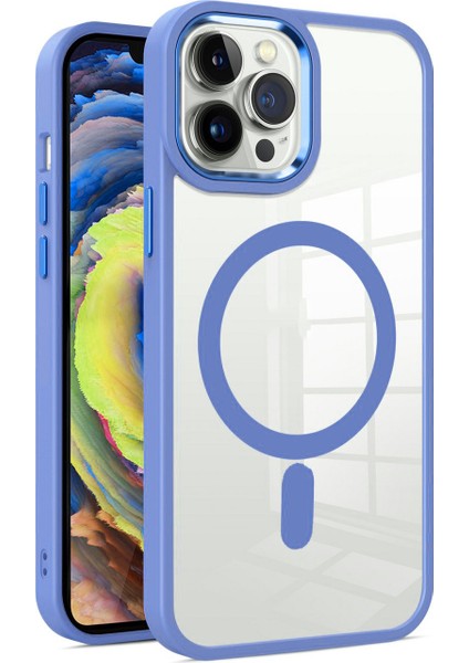 Apple iPhone 13 Promax Kapak Mag Safe Özellikli Metal Kamera Korumalı Arkası Şeffaf Silikon Kılıf - Mavi