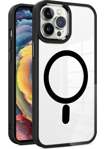 Apple iPhone 15 Promax Kapak Mag Safe Özellikli Metal Kamera Korumalı Arkası Şeffaf Silikon Kılıf - Siyah