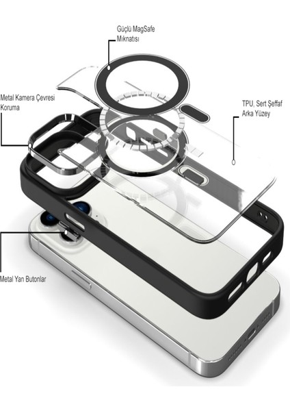 Apple iPhone 15 Promax Kapak Mag Safe Özellikli Metal Kamera Korumalı Arkası Şeffaf Silikon Kılıf - Siyah