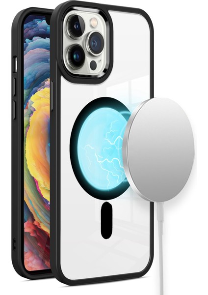 Apple iPhone 15 Promax Kapak Mag Safe Özellikli Metal Kamera Korumalı Arkası Şeffaf Silikon Kılıf - Siyah