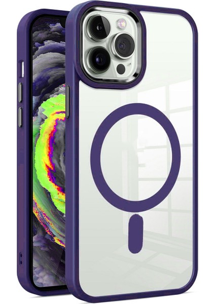 Apple iPhone 13 Pro Kapak Mag Safe Özellikli Metal Kamera Korumalı Arkası Şeffaf Silikon Kılıf - Mor