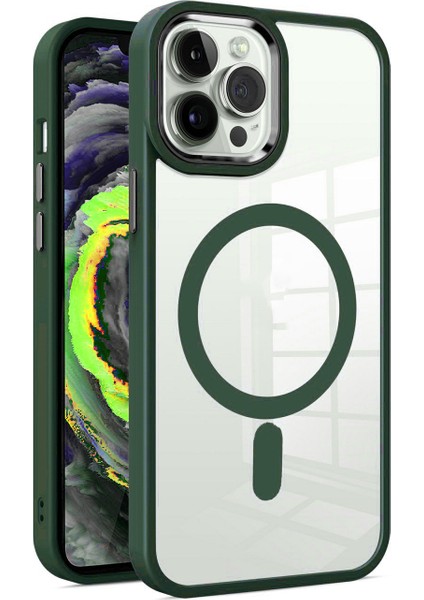 Apple iPhone 13 Pro Kapak Mag Safe Özellikli Metal Kamera Korumalı Arkası Şeffaf Silikon Kılıf - Yeşil