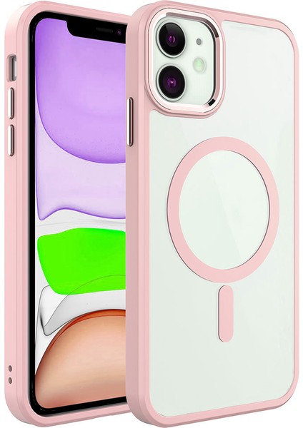 Apple iPhone 11 Kapak Mag Safe Özellikli Metal Kamera Korumalı Arkası Şeffaf Silikon Kılıf - Pembe