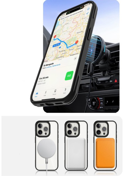 Apple iPhone 15 Promax Kapak Mag Safe Özellikli Metal Kamera Korumalı Arkası Şeffaf Silikon Kılıf - Siyah