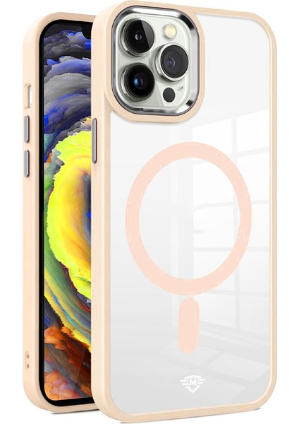 Apple iPhone 13 Promax Kapak Mag Safe Özellikli Metal Kamera Korumalı Arkası Şeffaf Silikon Kılıf - Pembe