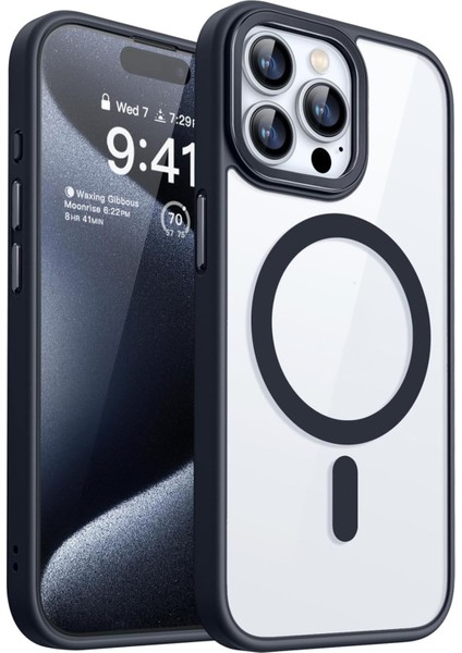 Apple iPhone 15 Pro Kapak Mag Safe Özellikli Metal Kamera Korumalı Arkası Şeffaf Silikon Kılıf - Siyah